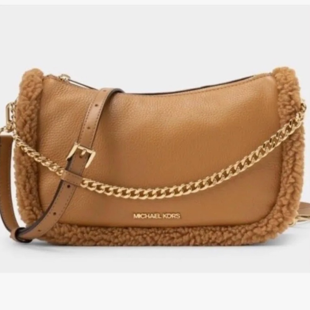 Michael Kors Carmella Pouchette M Brown Shearling Trim Pebbled Leather NWT